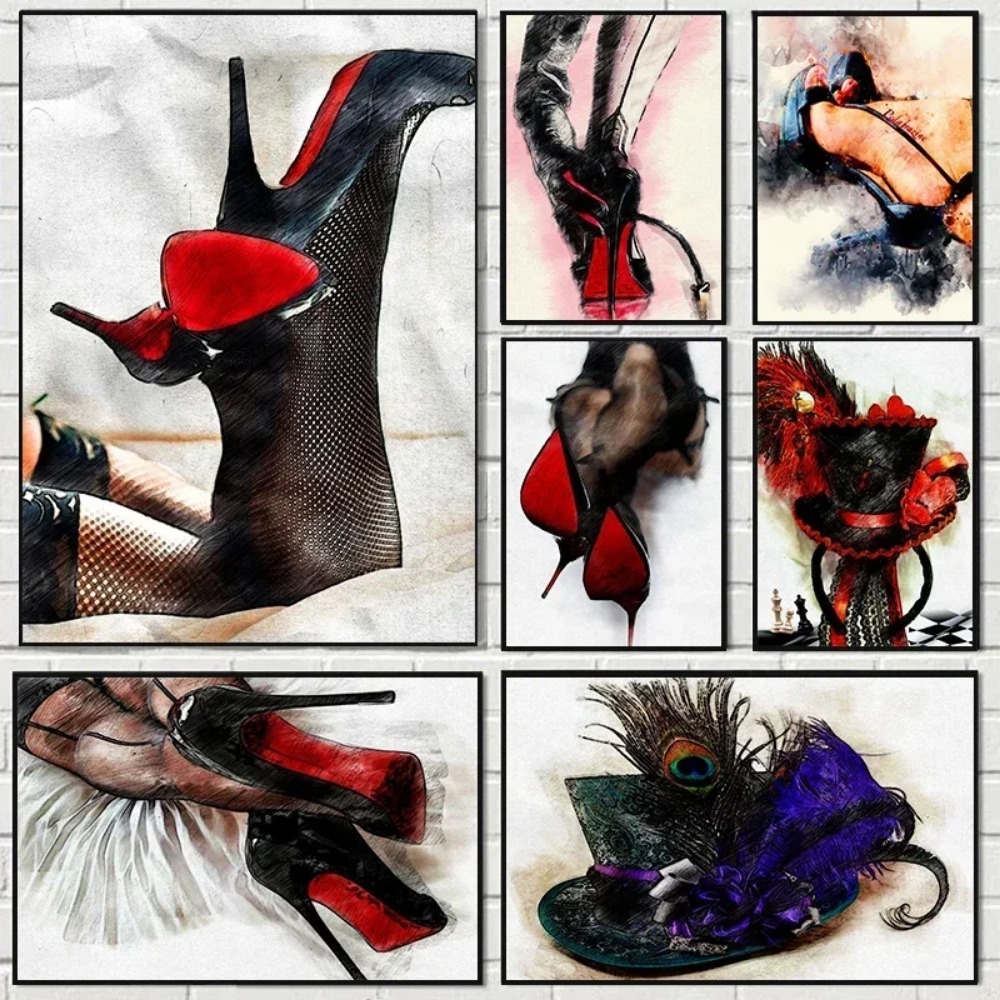 Waterproof Spray Shoe - 現代女性黒ハイヒール靴キャンバス絵画グラフィティアートポスターとプリント壁の絵リビングルームの装飾用