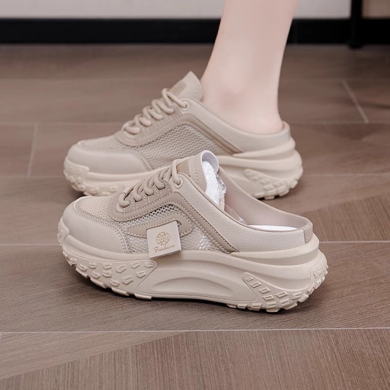 Sneaker Career - 夏用レディースバックレスミュールスニーカー、メッシュ通気性、レースアッププラットフォーム、チャンキーシューズ、スリップオン、アウトドアカジュアルスポーツ、リラックスシューズ