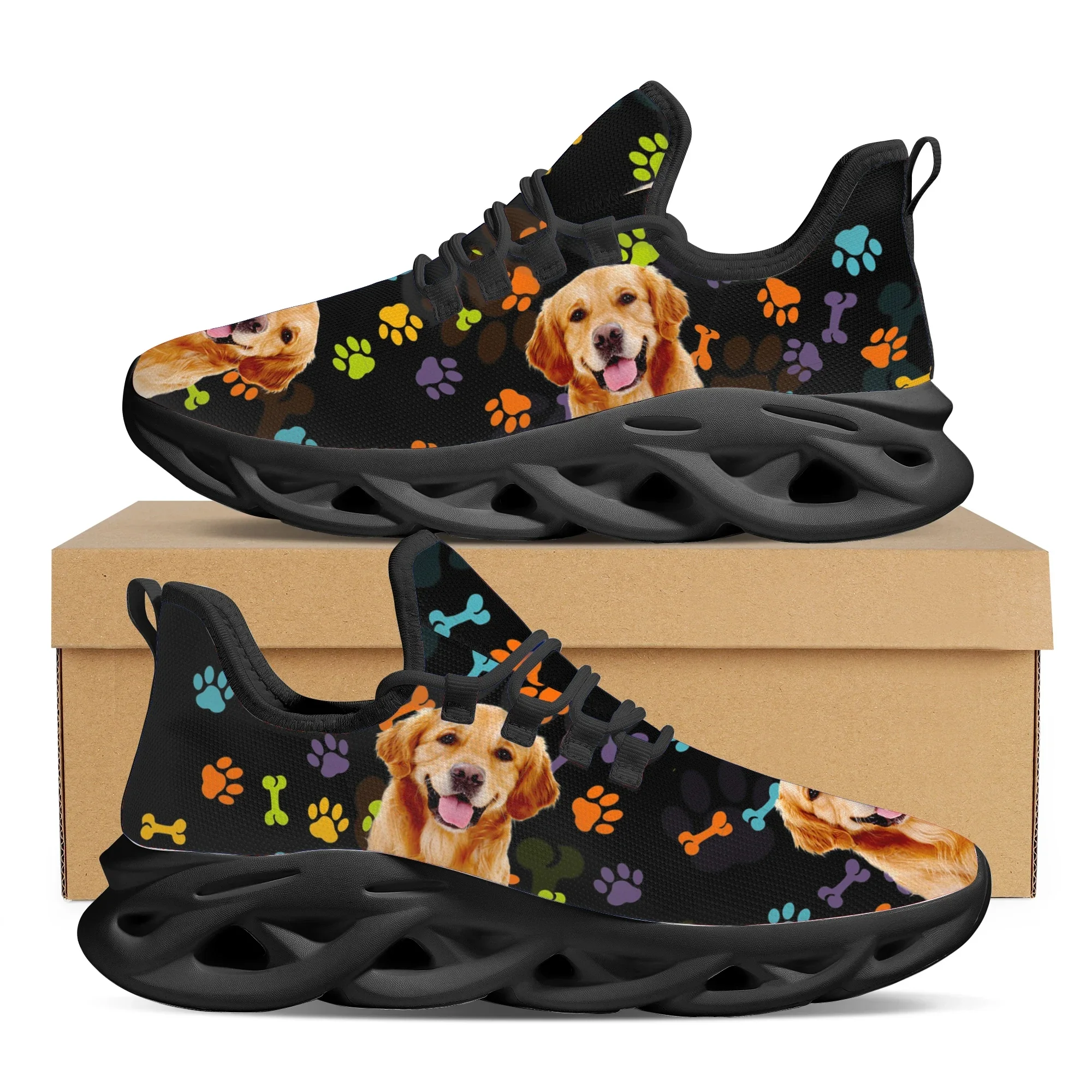 Sneaker Career - 素敵なゴールデンレトリバーパターンレインボー犬の足跡軽量レースアップシューズ女の子女性用メッシュ通気性アウトドアスニーカー