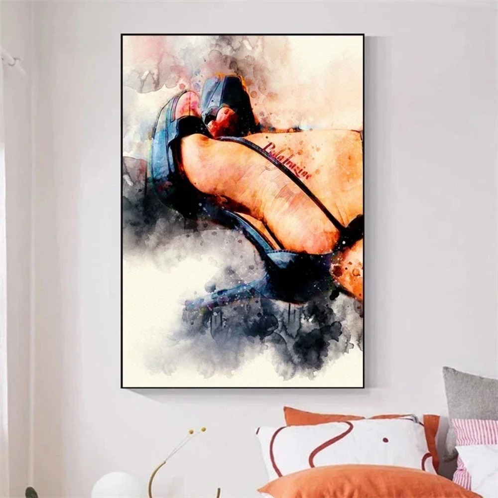 現代女性黒ハイヒール靴キャンバス絵画グラフィティアートポスタ - Waterproof Spray Shoe のレビューと価格